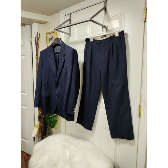 Vintage Yves Saint Laurent Mens Navy Two Piece Suit Striped Blazer Coat 42 - Picture 15 of 16